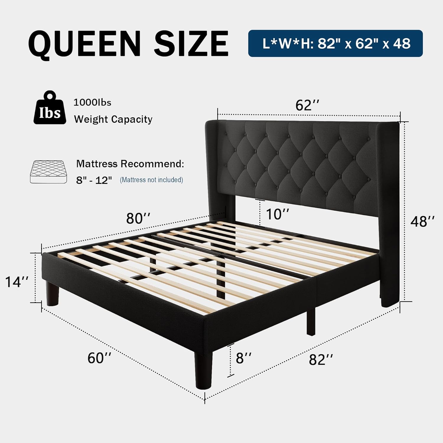 GalnFu Queen Size Bed Frame with Button Tufted Headboard, Upholstered Platform Bed Frame with UnderBed Storage, Wooden Slats Supports, Noise Free, No Box Spring Needed, Easy Assembly, Black