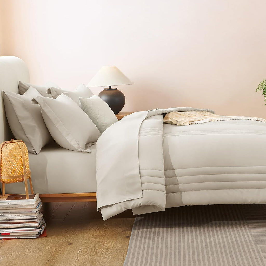 CozyLux Super King Plus Comforter Set Beige - 7 Pieces Bed in a Bag, Modern Vertical Quilted Room Decor, Soft All-Season Bedding Gift with Comforter, Sheets, Pillowcases & Shams