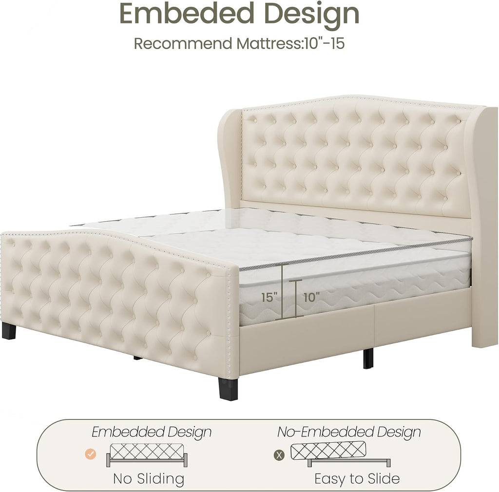 LARMACE Queen Size Bed Frame Velvet Upholstered Platform Bed with Wingback Headboard & Footbaord, Deep Button Tufted Bed Frame with Wood Slats Support, No Box Spring Needed, Beige