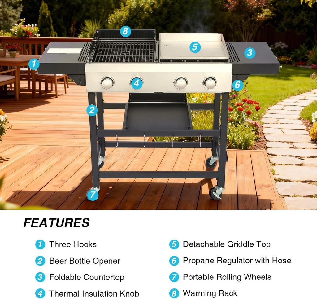 Propane Gas Grill and Griddle Combo, 4 Burner 40,000 BTU Outdoor Cooking Station with 483 Sq. In. Cooking Area, Portable BBQ for Garden Patio Backyard Barbecue
