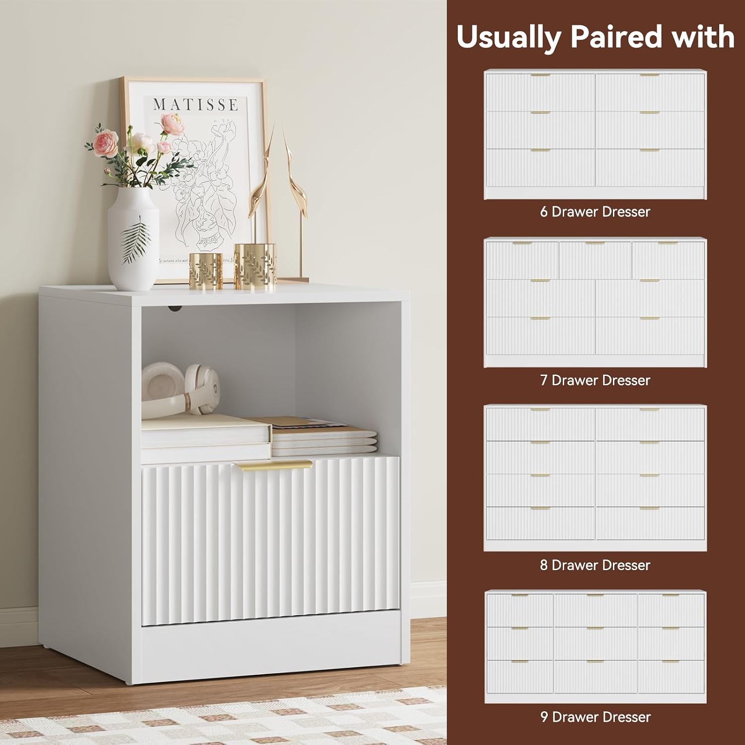 6 Drawer Dresser & Nightstand Set 3-Piece, 55' Wide Bedroom Set Night Stand Set of 2 with Metal Handle, Fluted Modern Wood Chest of Drawers Storage Dressers Set for Bedroom, White