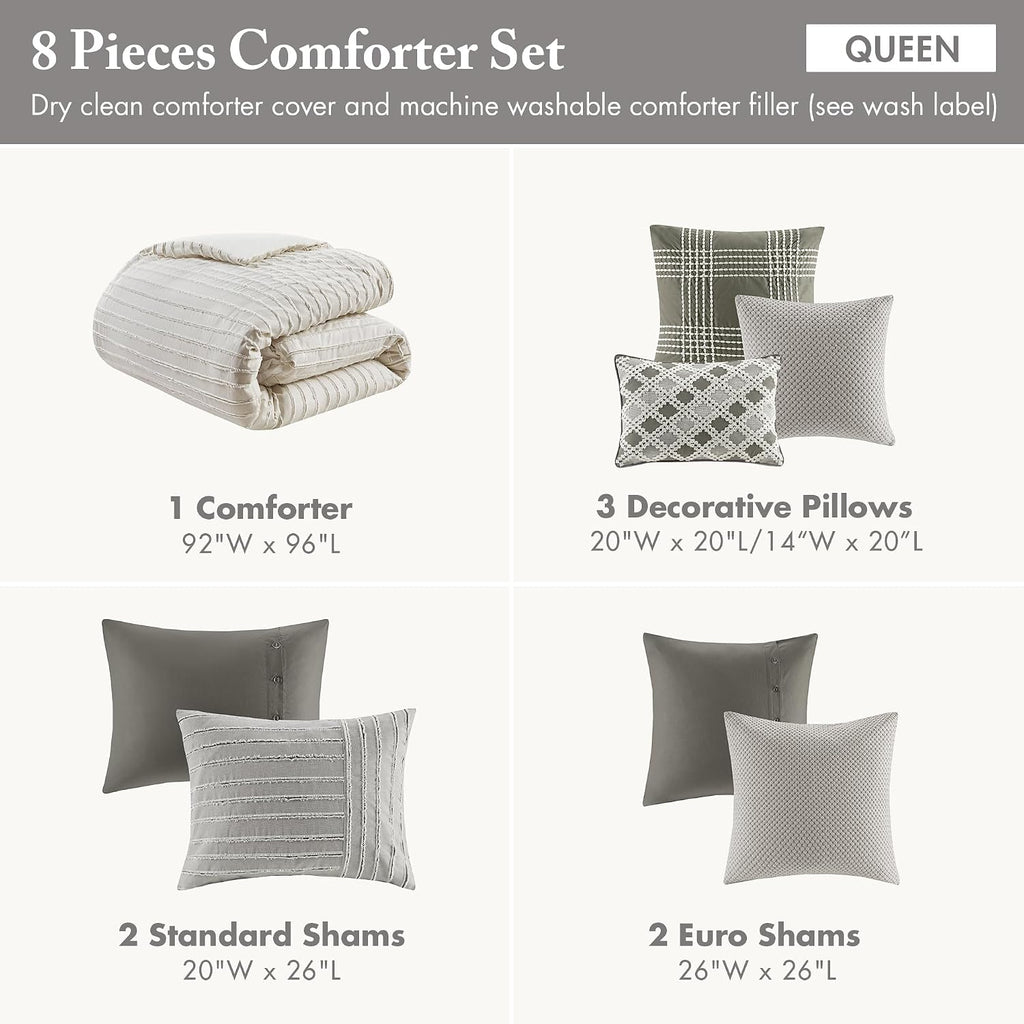 Madison Park Queen Comforter Set, Removable 100% Cotton Duvet Cover Queen Size with Insert, Farmhouse Bedding, Textured Stripe Clipped Jacquard Accent, Queen, Grey 8 Piece