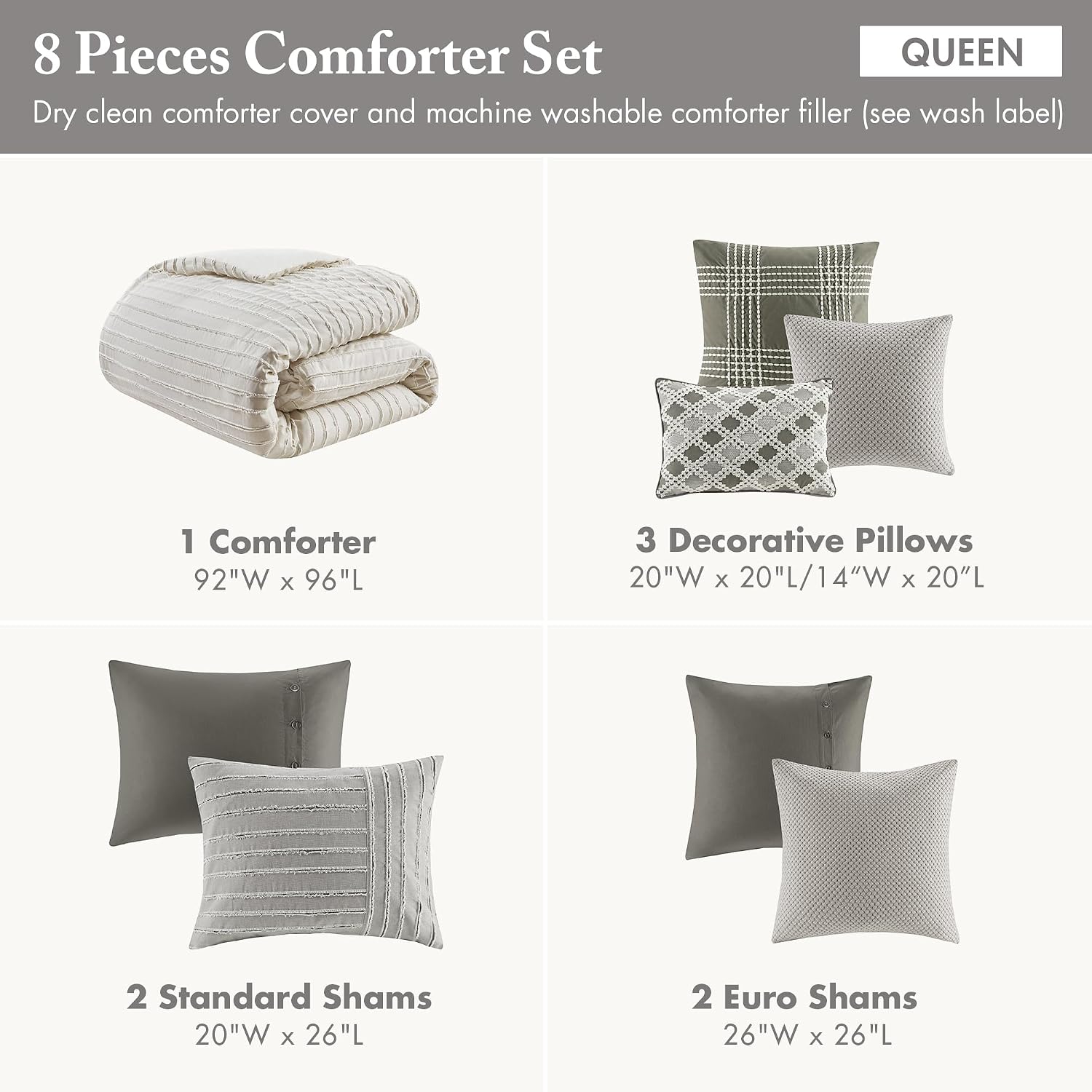 Madison Park Queen Comforter Set, Removable 100% Cotton Duvet Cover Queen Size with Insert, Farmhouse Bedding, Textured Stripe Clipped Jacquard Accent, Queen, Grey 8 Piece