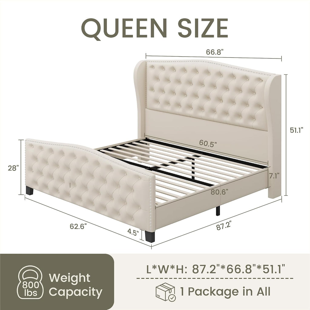 LARMACE Queen Size Bed Frame Velvet Upholstered Platform Bed with Wingback Headboard & Footbaord, Deep Button Tufted Bed Frame with Wood Slats Support, No Box Spring Needed, Beige