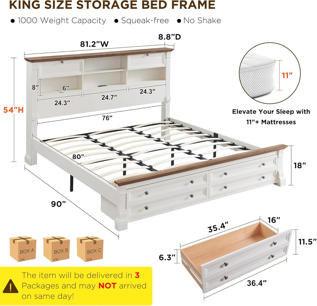 Farmhouse King Size Bed Frame with 54' Tall Storage Bookcase Headboard, Wood Platform Bed Frame with 2 Drawers & 18' Tall Roman Column Decoration Footboard, No Box Spring Needed(Antique White)