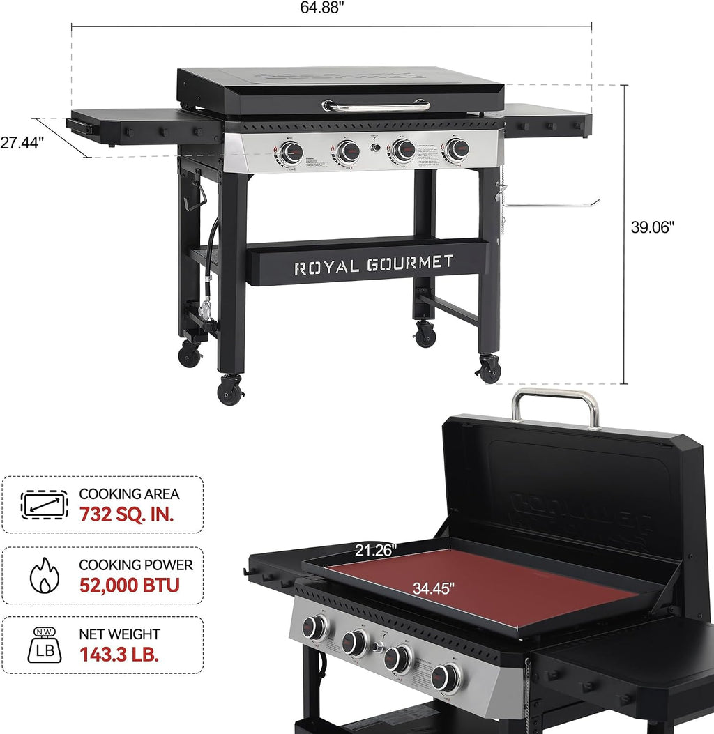 Royal Gourmet GB4007P 4 Burner Propane Gas Griddle with Hood, 34-Inch Flat Top Grill with Folding Side Tables for Outdoor Cooking like Camping or Tailgating, Black & Silver