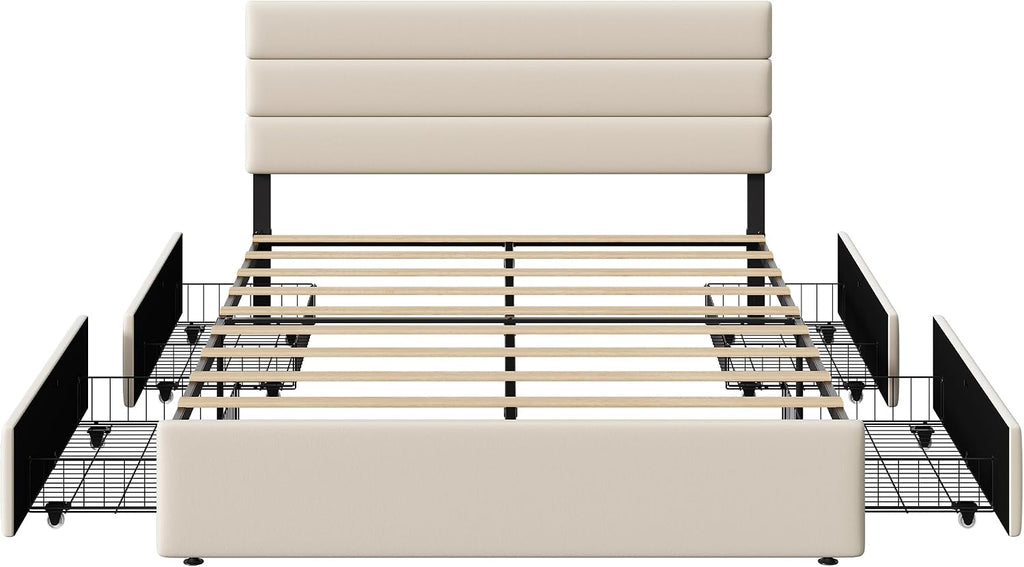 WLIVE Queen Size Upholstered Bed Frame with 4 Storage Drawers and Headboard, Velvet Platform Bedframe, Sturdy Metal & Wooden Slats Support, No Box Spring Needed, Easy Assembly, Beige