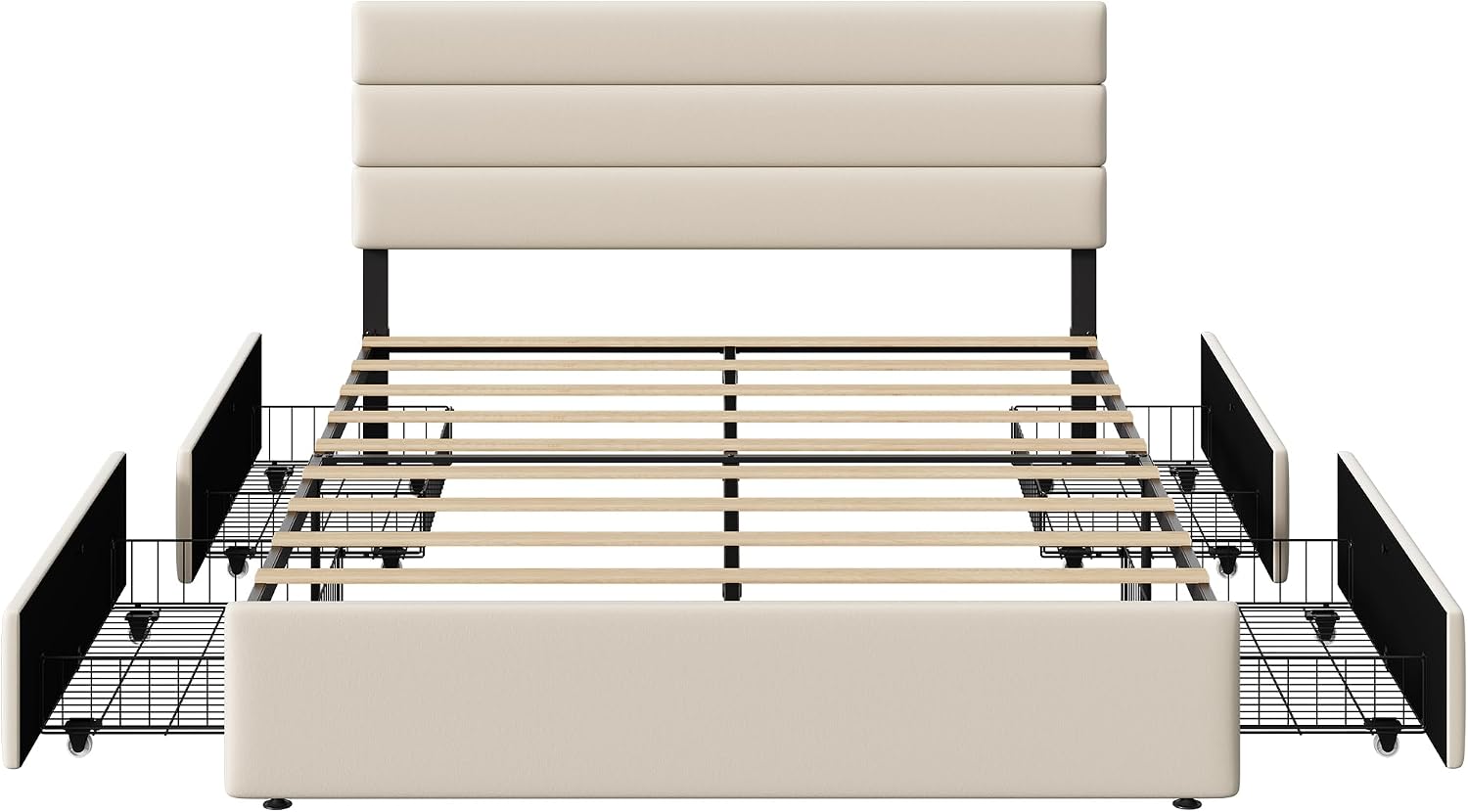 WLIVE Queen Size Upholstered Bed Frame with 4 Storage Drawers and Headboard, Velvet Platform Bedframe, Sturdy Metal & Wooden Slats Support, No Box Spring Needed, Easy Assembly, Beige
