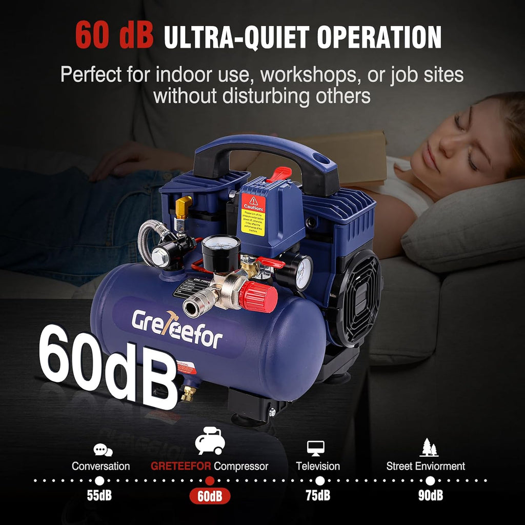 Air Compressor, 1 Gallon Ultra Quiet Portable 60 dB, 13-Second Quick Fill, 1 Gallon Compact, Oil-Free for Tire Inflation/Nail Gun/Pneumatic Tools/Cleaning in Home or Shop Projects, 1.5HP, Violet