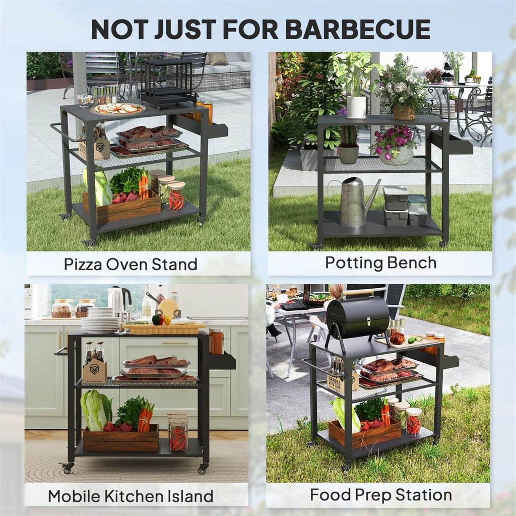 Portable Camping Cart Outdoor Grill Cart with Wheels, Griddle Tray Side Storage Rack Steel Tabletop Pizza Oven Table BBQ Prep, Serving Cart, Black 41.3' W x 19.7' D x 31.1' H