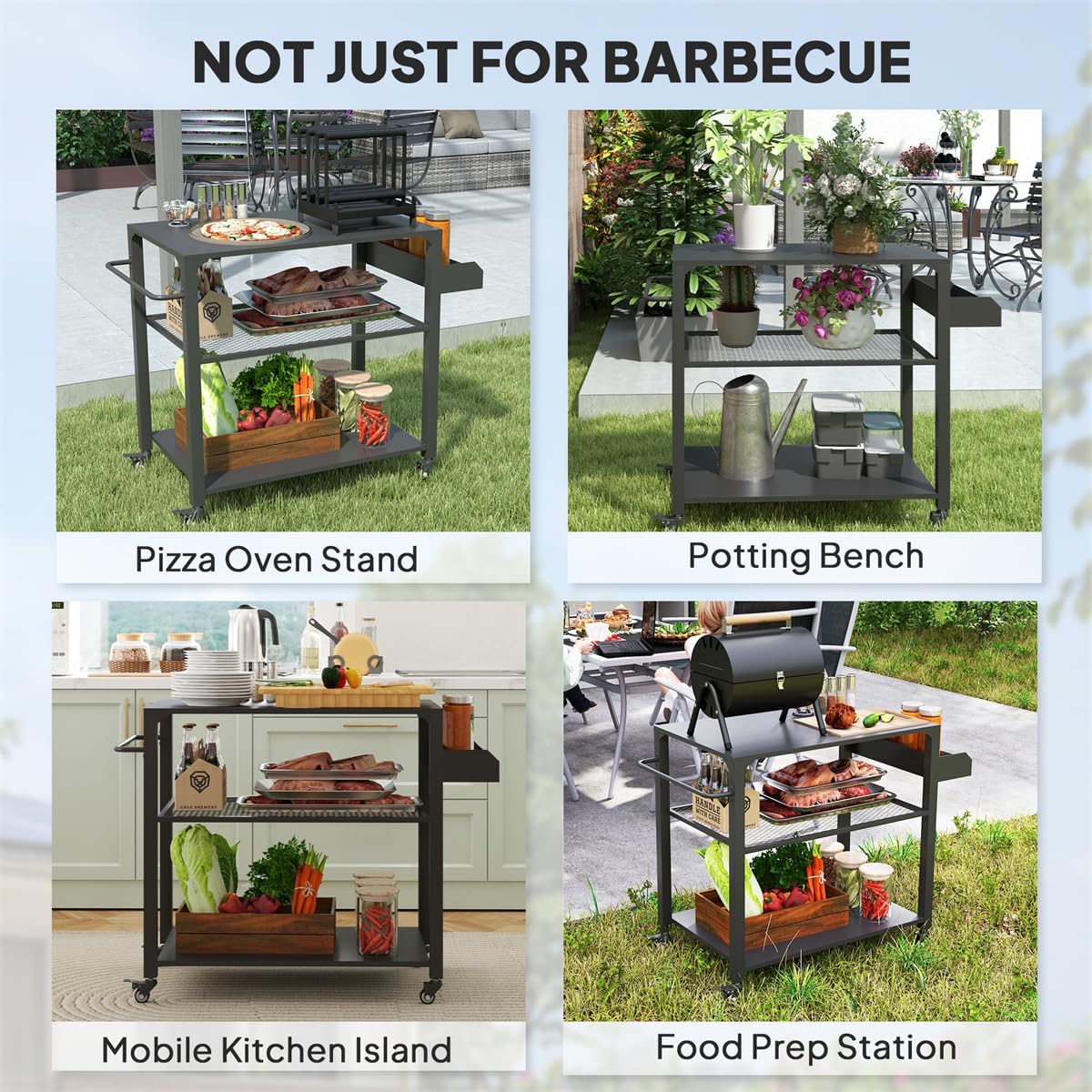 Portable Camping Cart Outdoor Grill Cart with Wheels, Griddle Tray Side Storage Rack Steel Tabletop Pizza Oven Table BBQ Prep, Serving Cart, Black 41.3' W x 19.7' D x 31.1' H