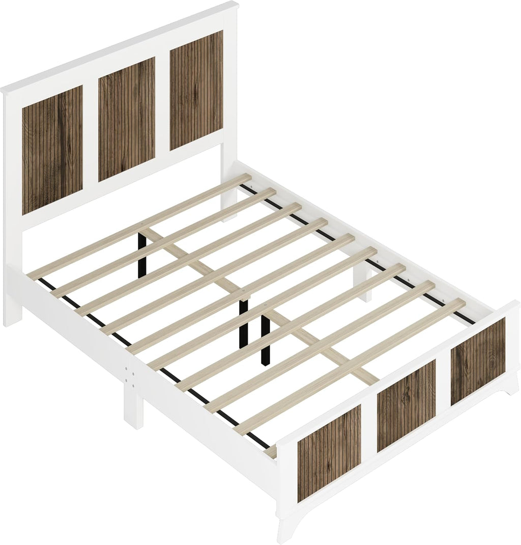 Merax Queen Size Farmhouse Wooden Platform Bed,Modern Bed Frame with Wooden Strip Decoration Headboard and Footboard, Plywood Slats Support, No Box Spring Required, White
