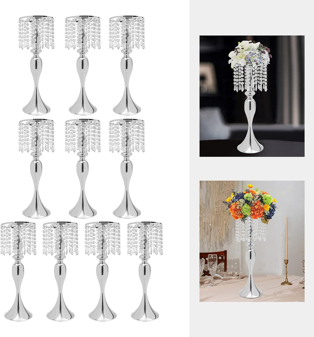 Silver Crystal Flower Stand Wedding Centerpieces for Tables, 10 Pcs Road Lead Tall Flower Holders Metal Flower Vase for Reception Tables Wedding Supplies Party Reception Dining Room, 21.3'H