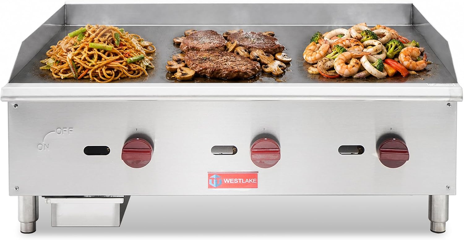 WESTLAKE 36'W Commercial Gas Griddle Countertop Natural Gas and Propane Griddle with 3 Burners 90000 BTU, Stainless Steel Plate Grill for Restaurants
