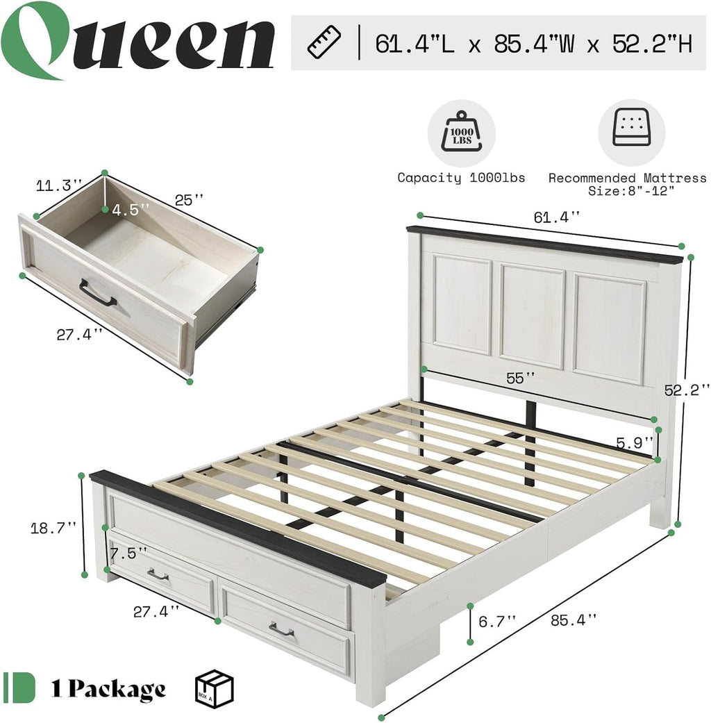 AMERLIFE 52.2' Queen Size Farmhouse Bed Frame with Tall Panel Headboard, Storage Bed Frame with Spacious Drawers, No Box Spring Needed, Platform Bed Frame for Bedroom, Rustic White