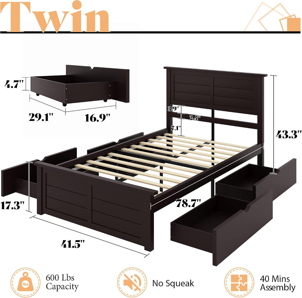 AMERLIFE Twin Bed Frame with Headboard, Platform Beds with 4 Storage Drawers, Wood Bed Frame for Bedroom, Wood Slats Support, Espresso