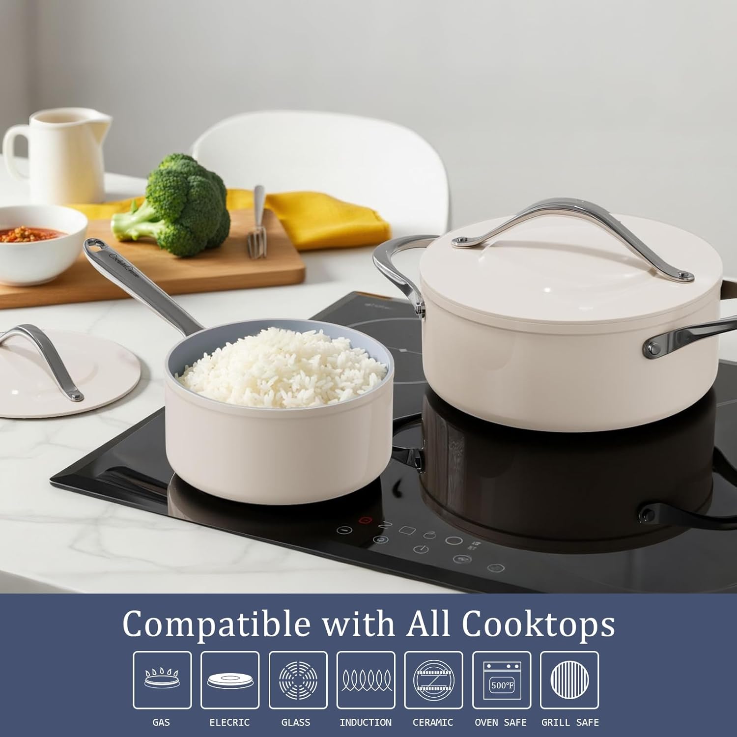 CookinCraze Ceramic Cookware Set 8 Pieces Nonstick Pots and Pans Set with Lid PFAS-Free Non Toxic Cookware, Induction Compatible, Oven Safe, Quick & Even Heat Distribution, Navy Blue