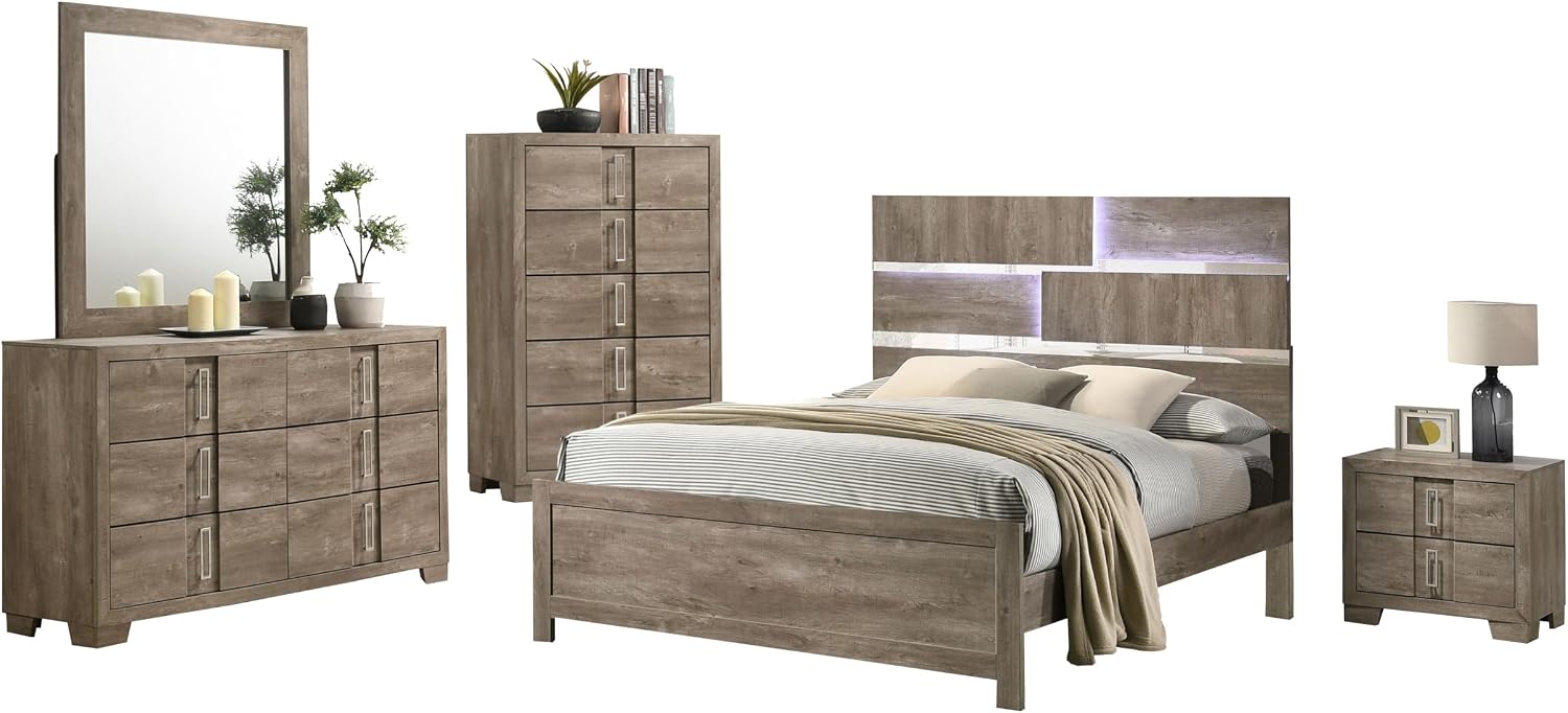 Kings Brand Furniture Dawson Modern 5-Piece Farmhouse Style Bedroom Set in Light Brown Finish - Bed Frame with LED Headboard, Dresser, Mirror, Chest and Nightstand (King Size)