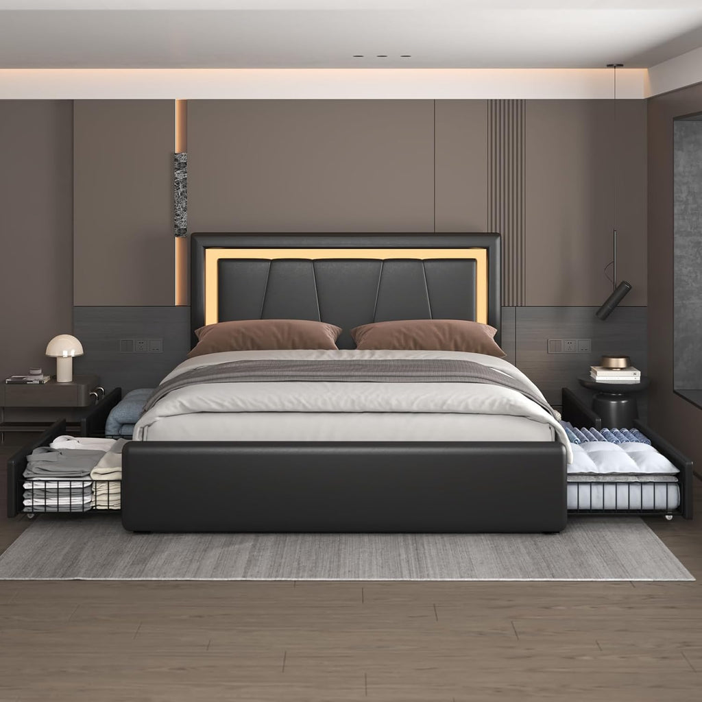Benevika Full Bed Frame with 4 Storage Drawers and Adjustable Headboard, Upholstered Platform Bed with LED Lights and USB Ports, Solid Wooden Slats Support, Faux Leather, Easy Assembly, Black