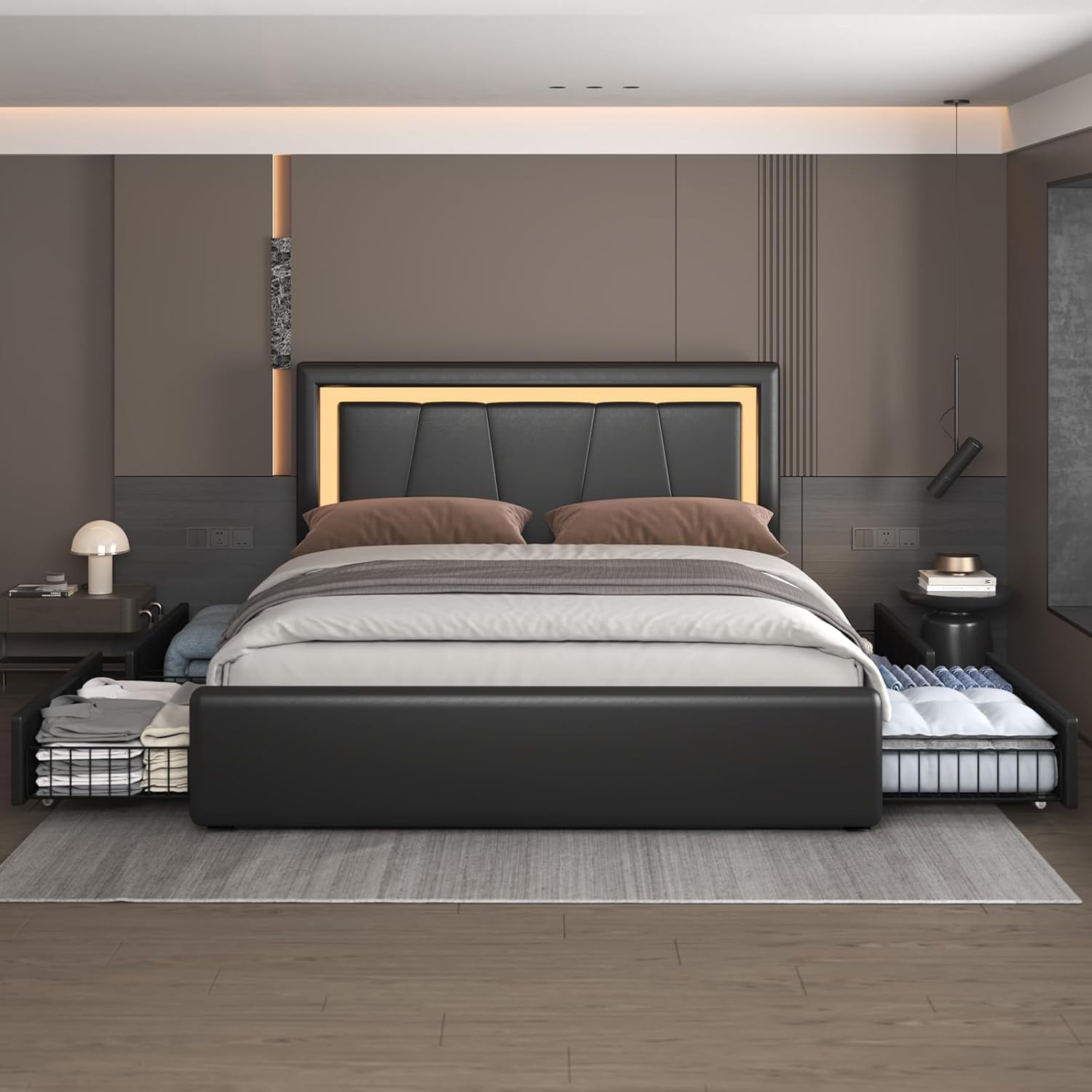 Benevika Full Bed Frame with 4 Storage Drawers and Adjustable Headboard, Upholstered Platform Bed with LED Lights and USB Ports, Solid Wooden Slats Support, Faux Leather, Easy Assembly, Black