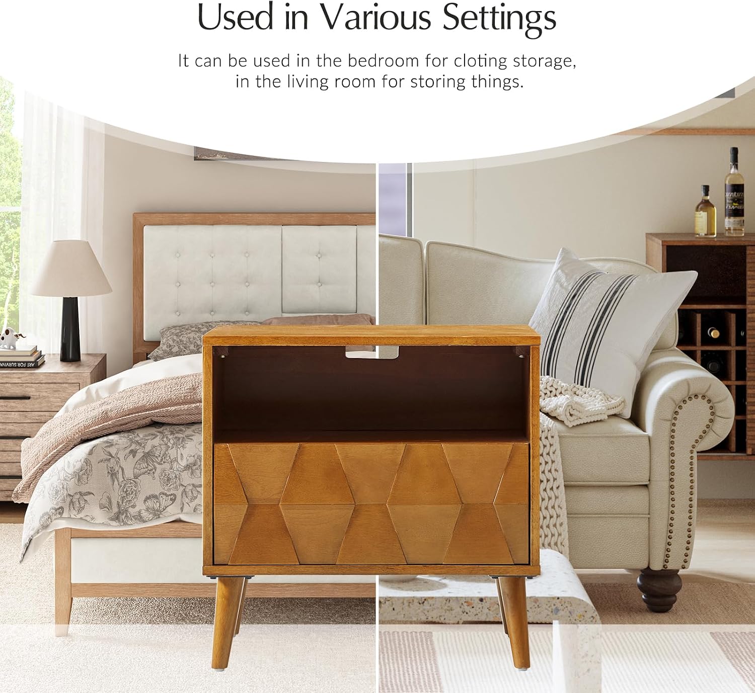 HULALA HOME Mid Century Modern Nightstand with Solid Wood Legs,Drawer Organizer with Charging Station, Geometric Pattern Nightstand Set of 2, Acorn