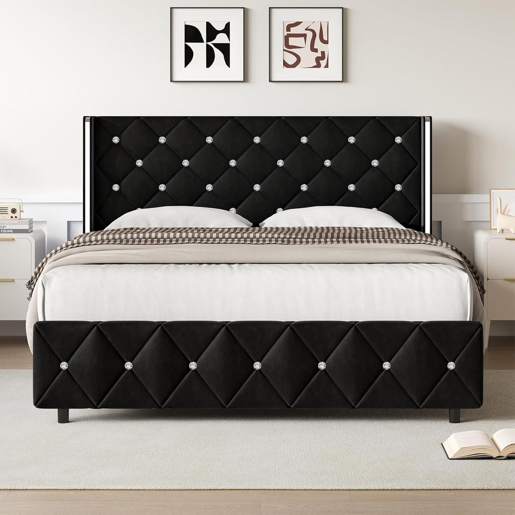 Lullabyre Queen Size Bed Frame, Upholstered Bed Frame with Diamond Tufted Headboard, Modern Silverside Wingback, No Box Spring Needed, Easy Assembly, Black
