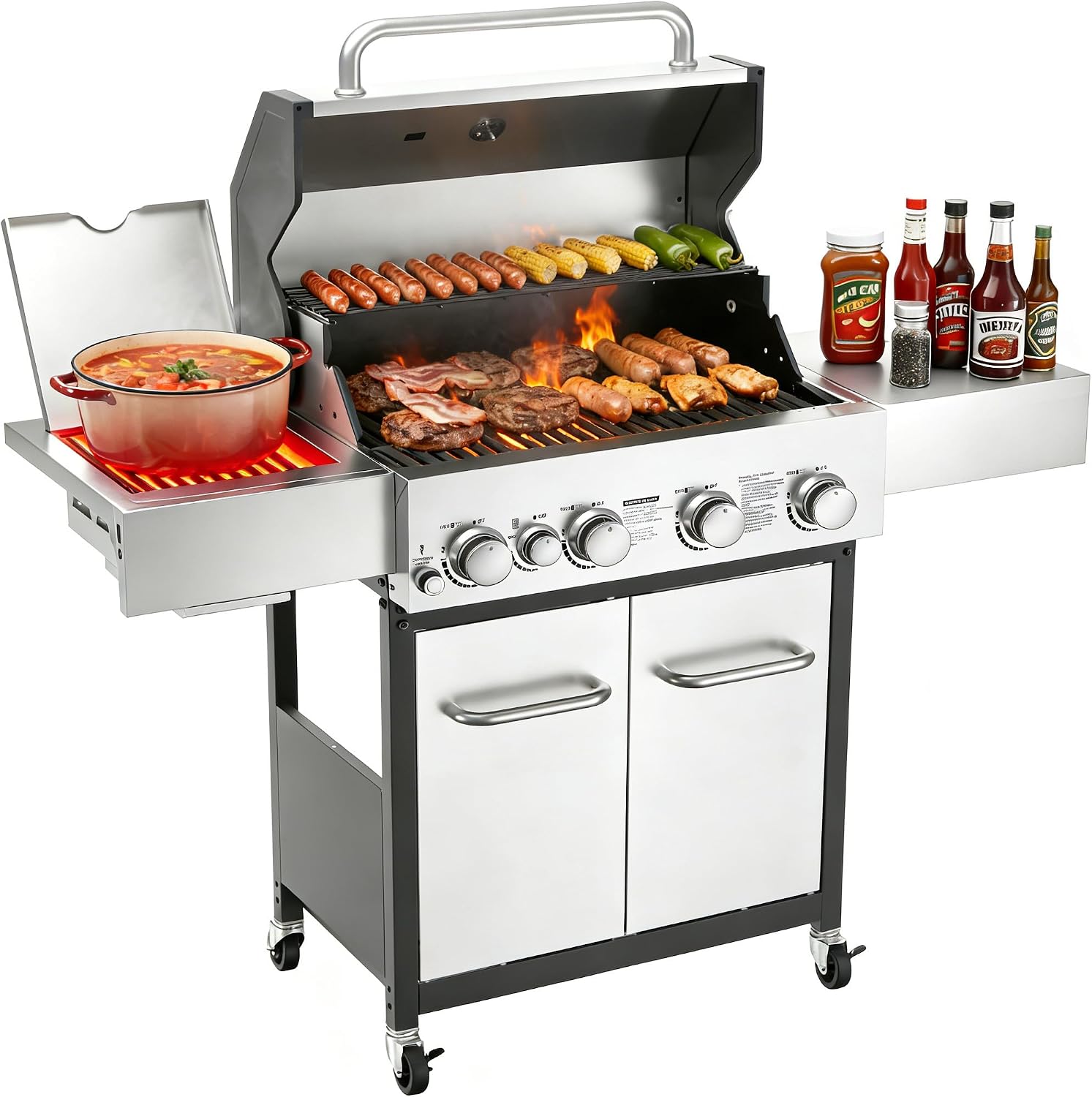 Veralune 4 Burner Gas Grill with Infrared Side Burner, Outdoor Gas Grill, BBQ Gas Grill with Oil Tray and Built-in Thermometer, 55,000 BTU, Enameled Cast-iron Grates, Black