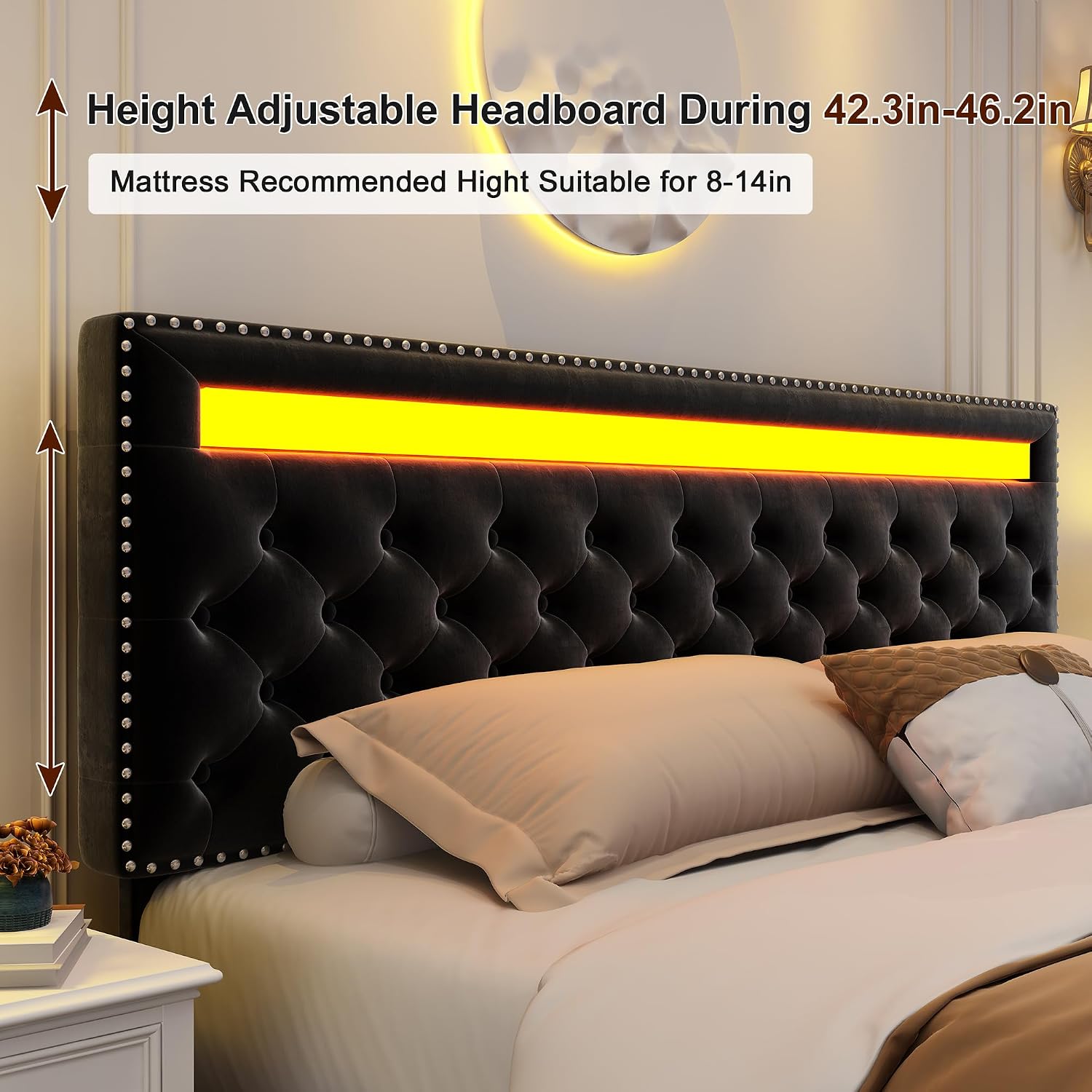 GEGOFORU Full Led Bed Frame with 4 Storage Drawers, with Smart Control RGBW LED Lights Headboard Footboard, Control DIY Color, Box Spring Optional, Black-Velvet