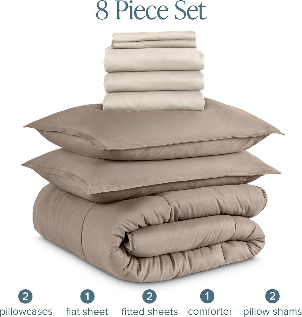 Bare Home Bed-in-A-Bag 8 Piece Comforter & Sheet Set - Split King - Goose Down Alternative - Ultra-Soft 1800 Premium Bed Set (Split King, Taupe/Sand)