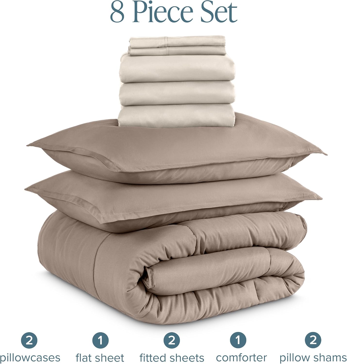 Bare Home Bed-in-A-Bag 8 Piece Comforter & Sheet Set - Split King - Goose Down Alternative - Ultra-Soft 1800 Premium Bed Set (Split King, Taupe/Sand)