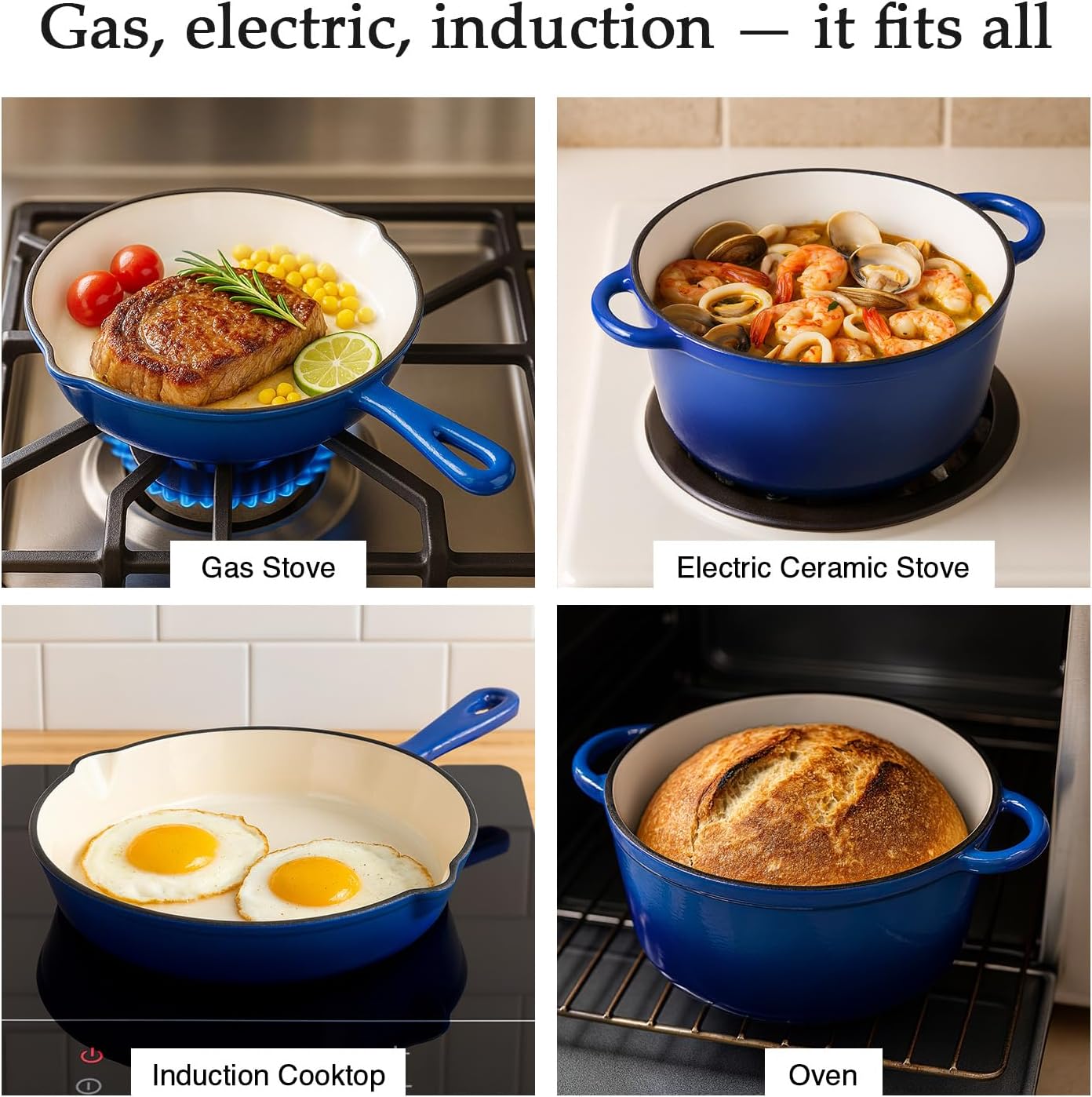 QuliMetal Nonstick Enameled Cast Iron Cookware Set, 4-Pcs Pots and Pans with Lid, Healthy Round Dutch Oven Pot for Sourdough Bread Baking, Oven Safe up to 500° F or on All Stovetop