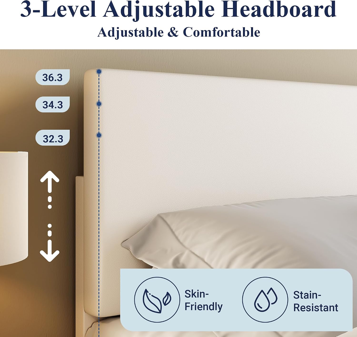 Allewie King Size Bed Frame with Adjustable Headboard, Faux Leather Platform Bed with Wood Slats, Heavy Duty Mattress Foundation, No Box Spring Needed, Noise-Free, Easy Assembly, White