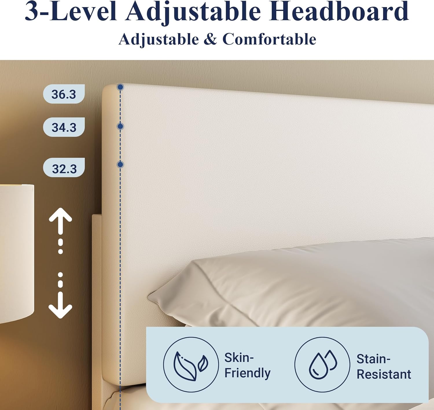 Allewie Full Size Bed Frame with Adjustable Headboard, Faux Leather Platform Bed with Wood Slats, Heavy Duty Mattress Foundation, No Box Spring Needed, Noise-Free, Easy Assembly, White