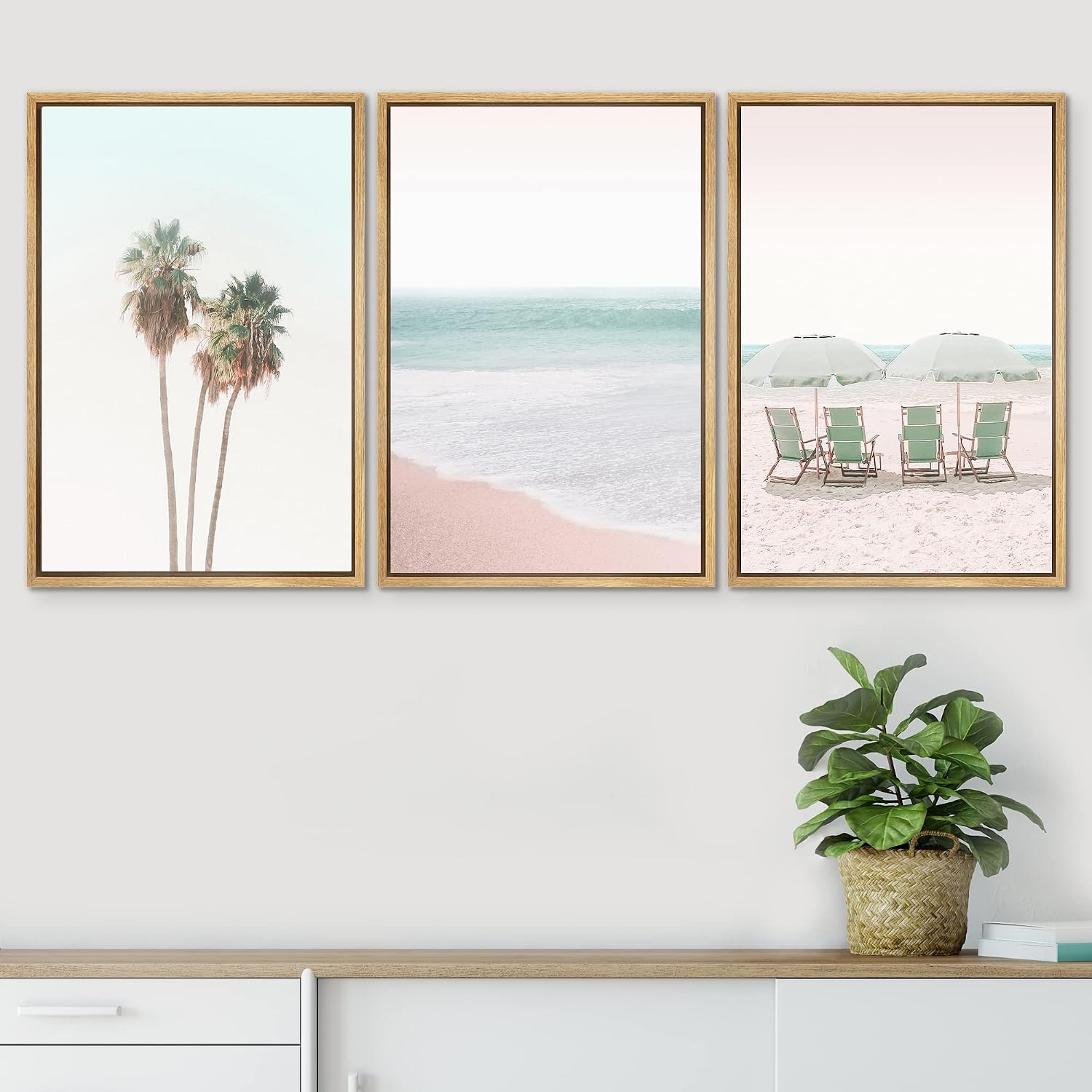 SIGNWIN Framed Canvas Print Wall Art Set Retro Vintage Pastel Tropical Island Beach Nature Wilderness Photography Modern Art Landscape Relax/Calm for Living Room, Bedroom, Office - 24'x36'x3 Natural