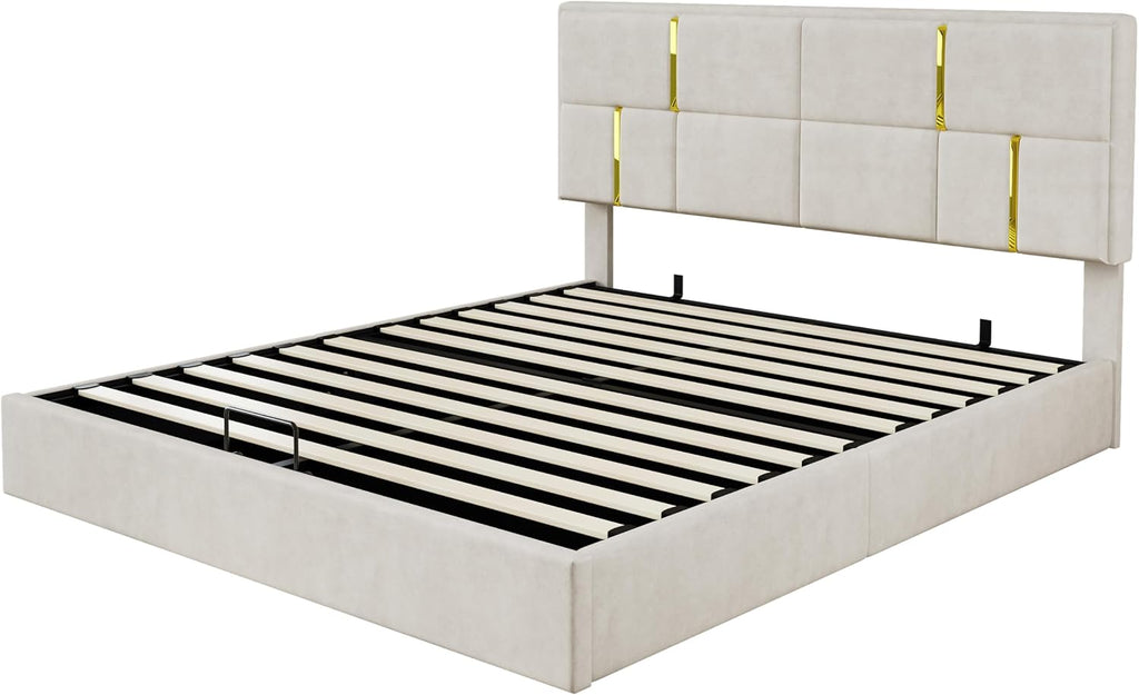 JIJIWANG 2-Piece Bedroom Sets, Queen Size PU Upholstered Platform Bed with Hydraulic Storage Ottoman, Wood Platform Bed Frame with Metal Legs, Storage Ottoman for Kids Teens Adults Bedroom, Beige
