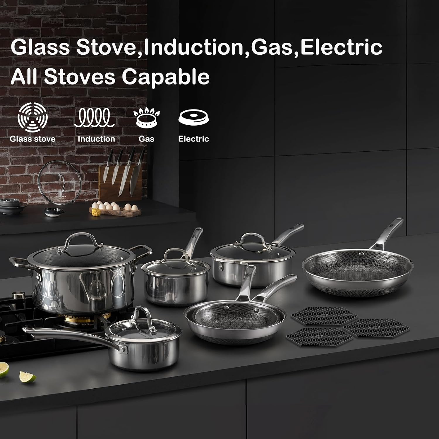 SNOWCLAD Pots and Pans Set Non Stick, 14 Pcs Hybrid Stainless Steel Cookware Sets, Non Stick Frying Pans, Saucepans, Saute Pan & Stock Pot, PFOA Free Kitchen Skillet,Induction Compatible