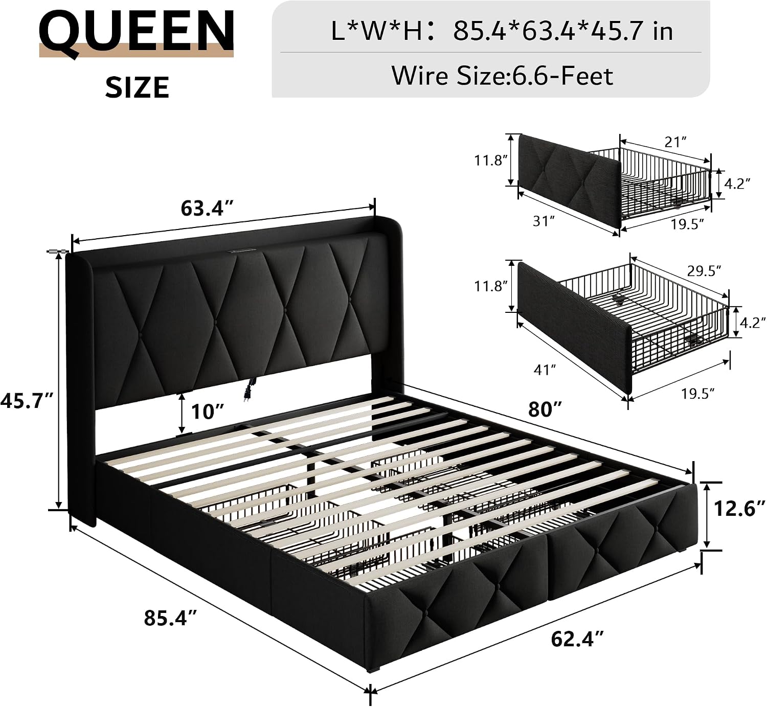 iPormis Queen Bed Frame with 4 Storage Drawers, Upholstered Platform Bed Frame with Charging Station, Modern Wingback Storage Headboard, Easy Assembly, Black