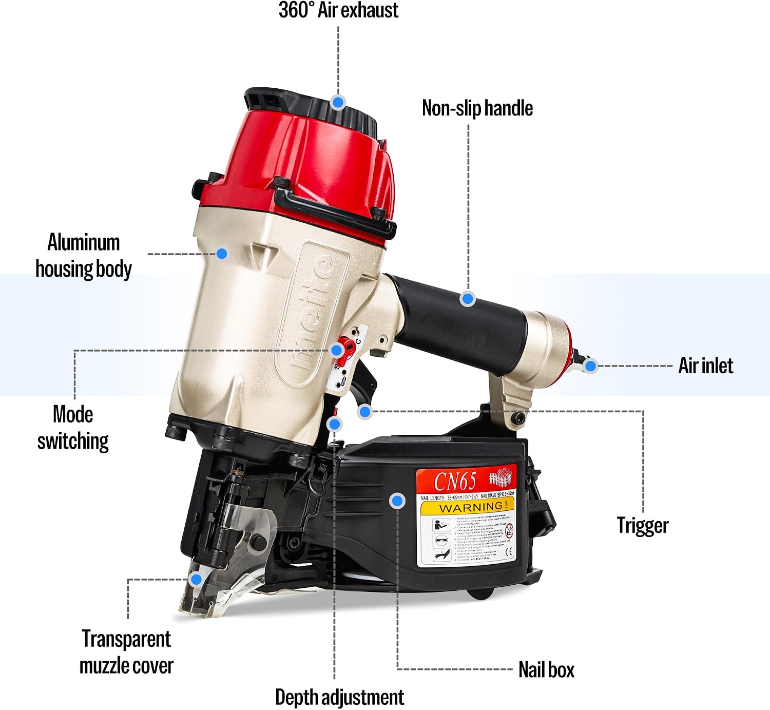 meite CN65 Coil Nailer Pneumatic Nail Gun 15 degree 1-1/2' to 2-1/2' Coil Nails, Heavy Duty Air Coil Nailer with Coil Nail Magazine 300PCS for Hardwood Projects Pallets Framing Sheathing