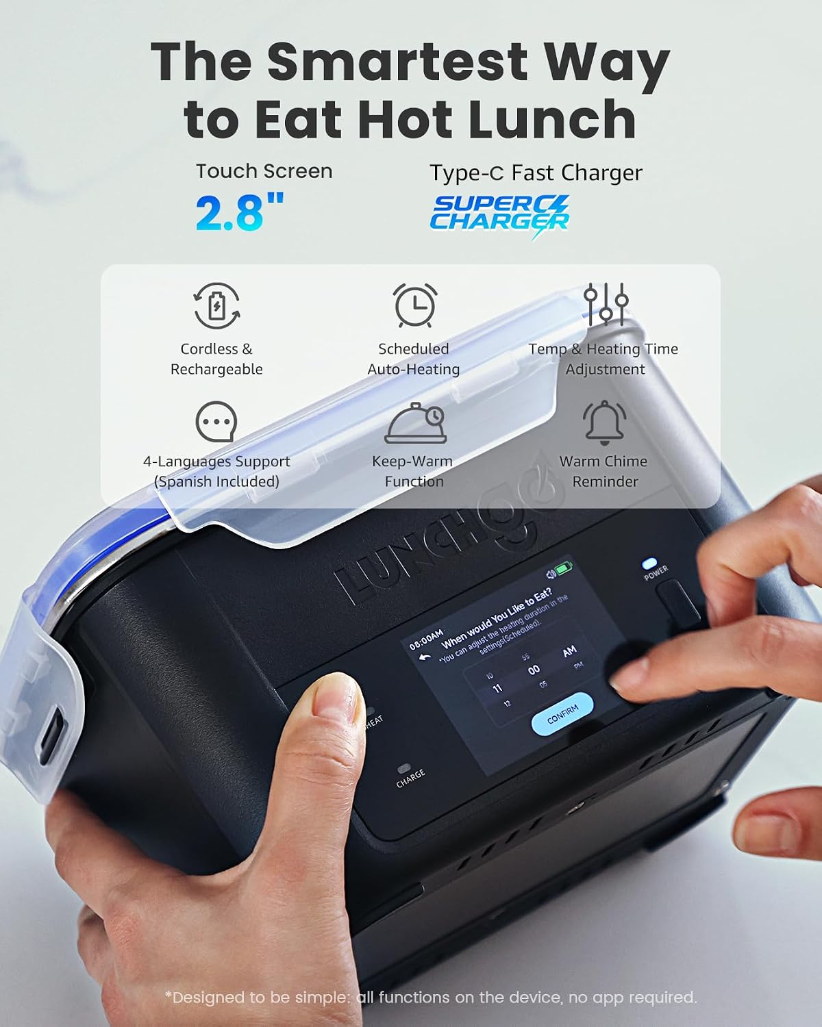 LUNCHGO® G1 Cordless Electric Heated Lunch Box, Battery Powered Self Heating Lunch Box, 5-Cup Capacity, 250°F Max, Scheduled Heating, Rechargeable Food Warmer for Work, Travel & Outdoor Use