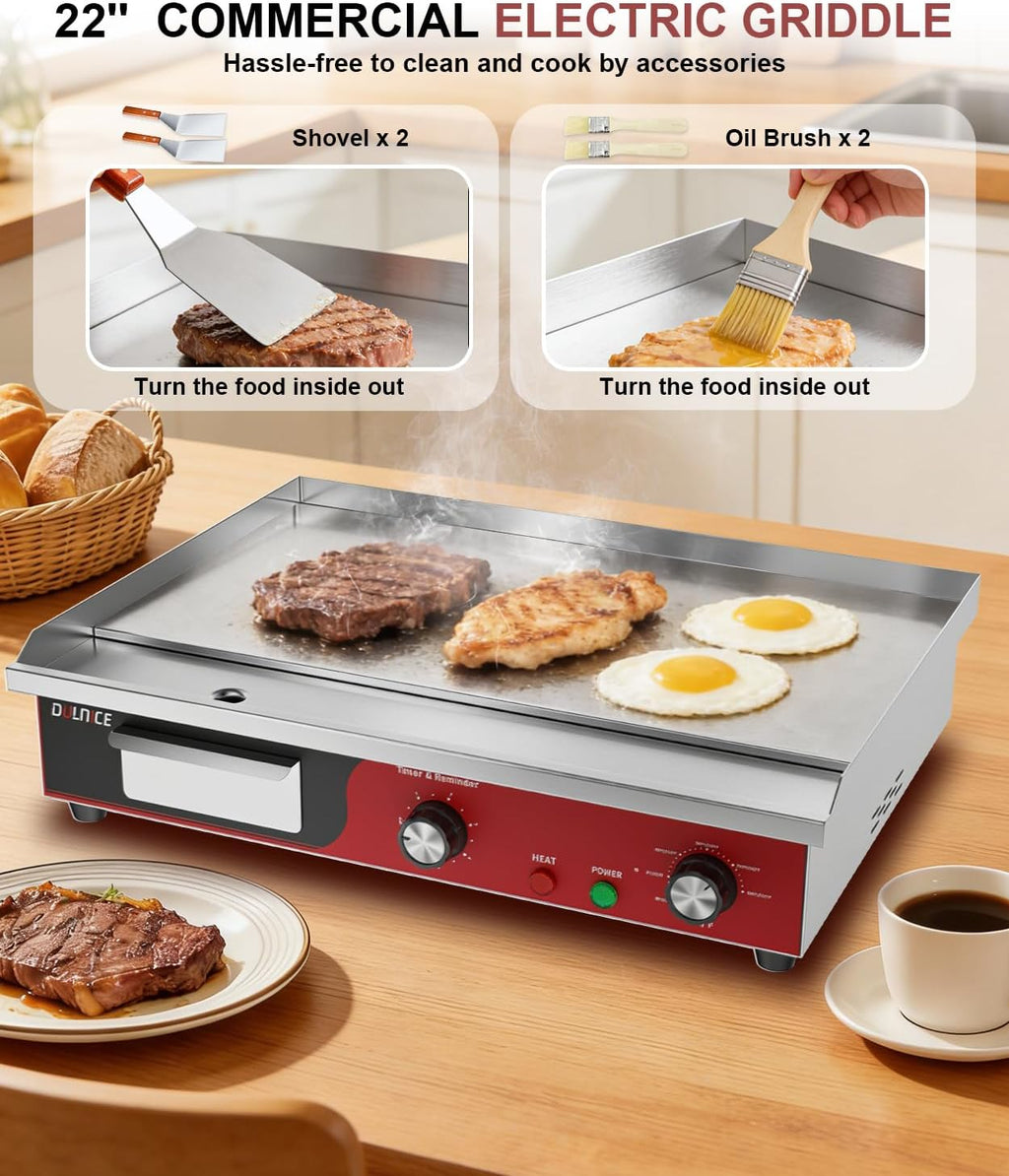 22' Commercial Electric Griddle 1500W, Flat Top Grill with 5-Min Reminder Timer, Adjustable Temp Control (122°F-572°F), Stainless Steel Countertop Griddle for Restaurant & Home Kitchen