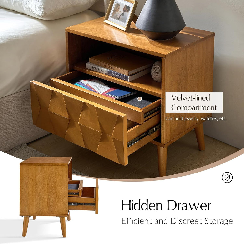 HULALA HOME Mid Century Modern Nightstand with Solid Wood Legs,Drawer Organizer with Charging Station, Geometric Pattern Nightstand Set of 2, Acorn