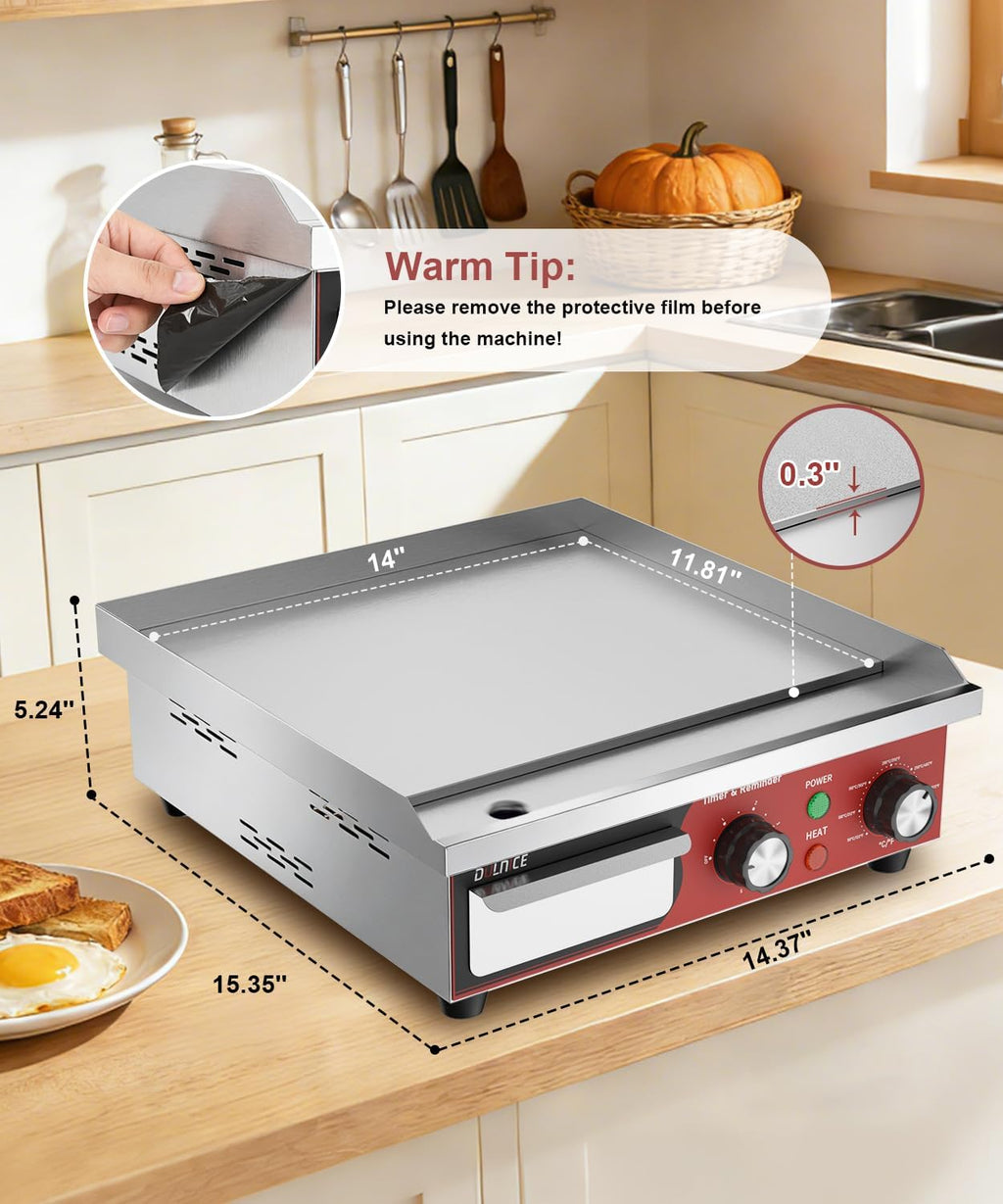Commercial Electric Griddle 14', 1500W Electric Flat Top Grill with 5 Minute Reminder Timer, 122~572℉Adjustable Temperature Control, Stainless Steel Griddle Grill for Restaurant Kitchen