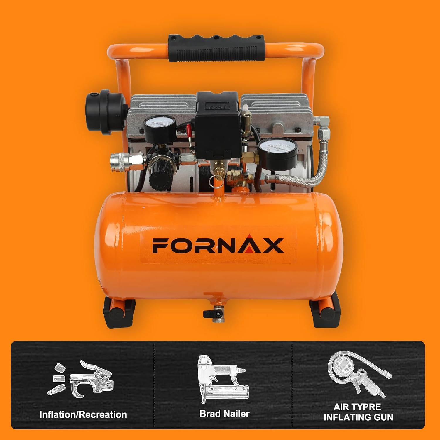 FORNAX Ultra Quiet Air Compressor, 1.3Gallon, 1HP, 65dB Silent Oil-Free Portable Compressor, 125 PSI Max, 120V, for Tire Inflation, Nail Gun, Garage, Bike, Pneumatic Tools