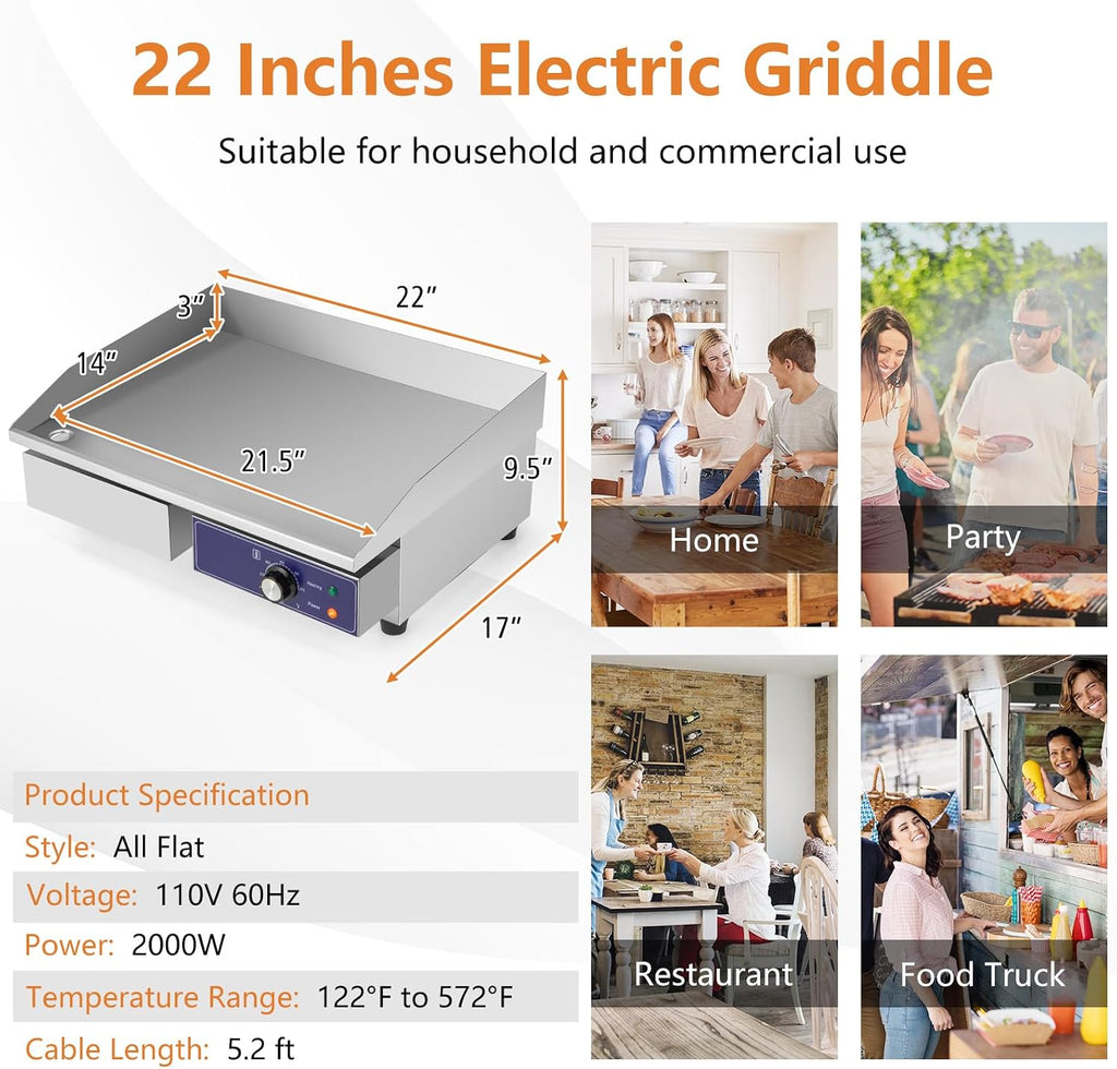 Giantex Commercial Griddle, 22' Electric Griddle 2000W, Cast Iron Griddle, Stainless Steel Frame, 122℉-572℉ Adjustable Temperature Control, Removable Oil Storage Box, Restaurant Teppanyaki Grill