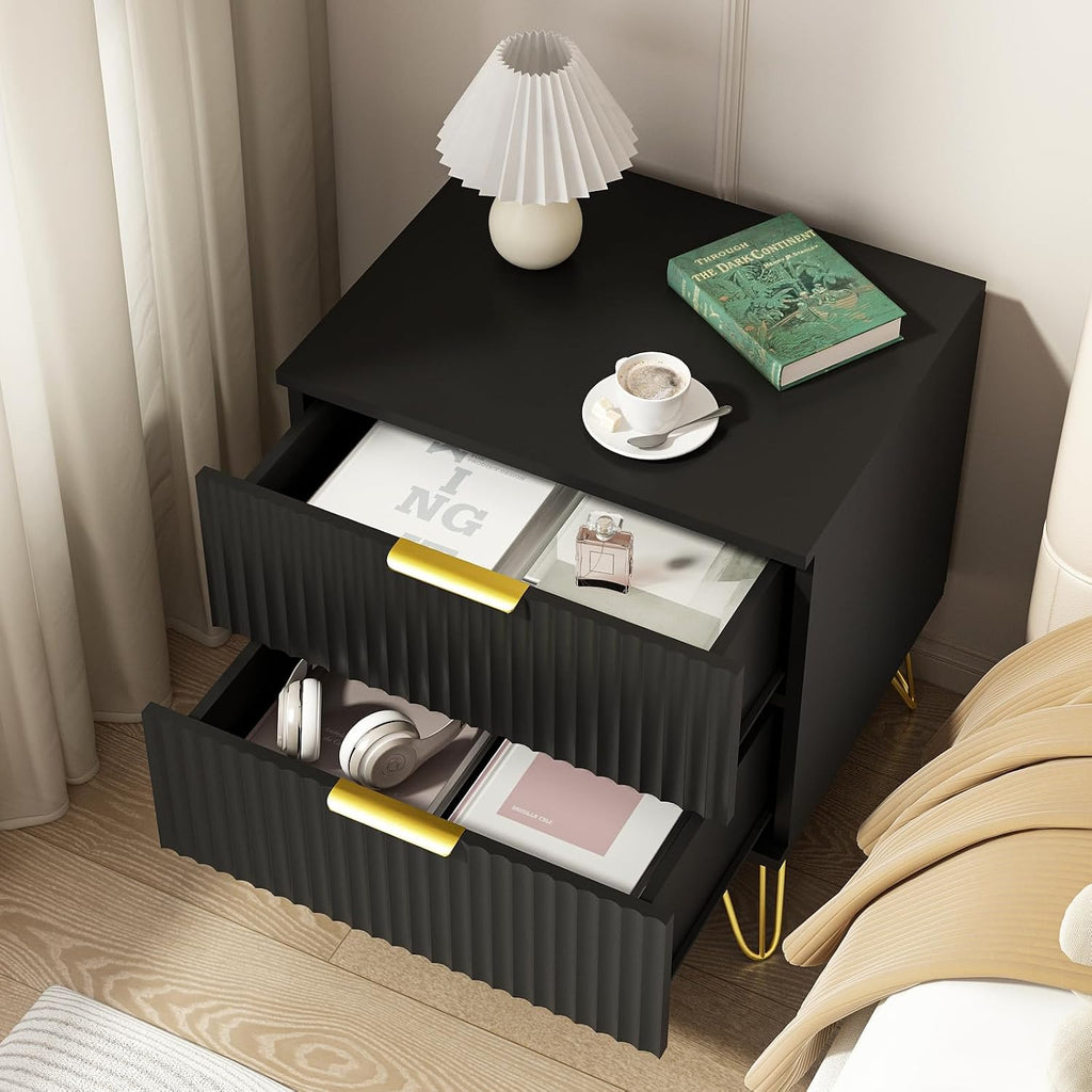 6 Drawer Dresser and Nightstand Sets for Bedroom, 3 Pcs Bedroom Set, Night Stand Set of 2 & 6 Drawer Dresser with Gold Handles, Modern Wood Chest of Drawers Storage Cabinet Set, Black
