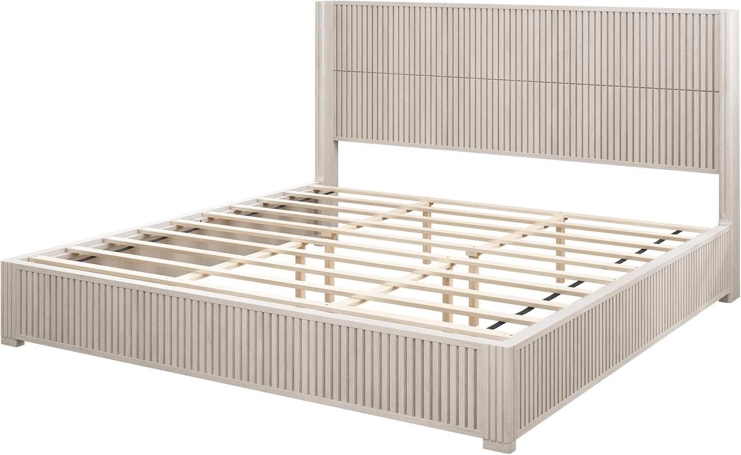 Ball & Cast Fluted King Bed Frame with Wingback Headboard,Solid Wood Platform Bed Frame King Size with Wood Slats, No Box Spring Needed, Easy Assembly,Beige