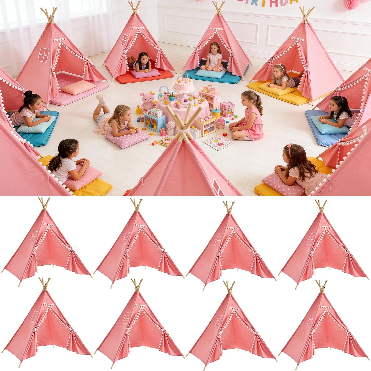8 Pack Teepee Tent for Kids with Lights, Cotton Indoor Play Teepee with Pompom for Girls & Boys, Sleepover Tents for Boho Slumber Spa Party