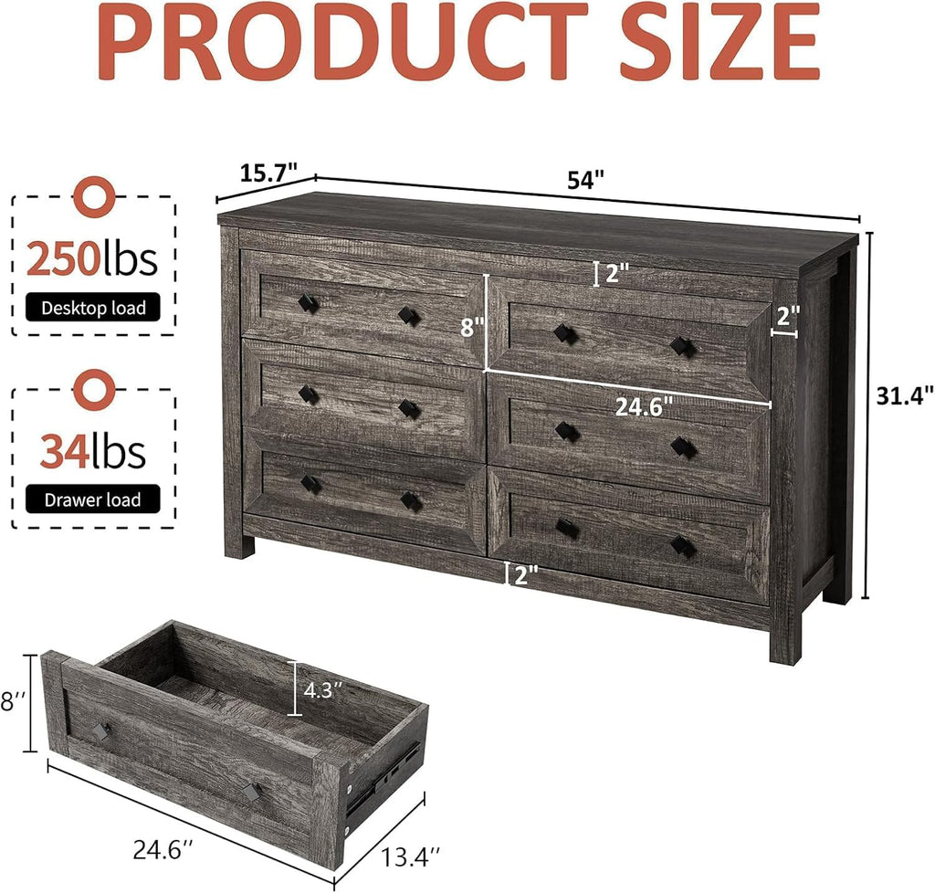 LUXOAK 2-Piece Farmhouse Bedroom Set, King Size Bookcase Bed Frame and 6 Drawers Dresser, Wooden Storage Bed with Charging Station & 4 Drawers, Rustic Chest of Drawers Closet for Bedroom, Grey