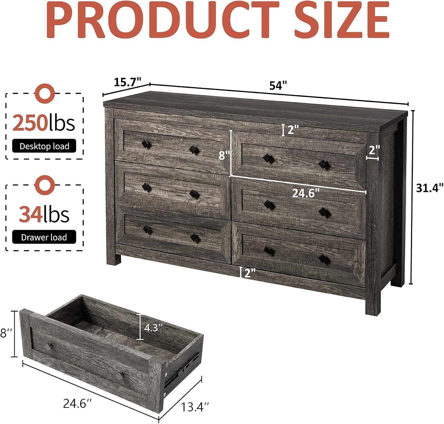LUXOAK 2-Piece Farmhouse Bedroom Set, King Size Bookcase Bed Frame and 6 Drawers Dresser, Wooden Storage Bed with Charging Station & 4 Drawers, Rustic Chest of Drawers Closet for Bedroom, Grey