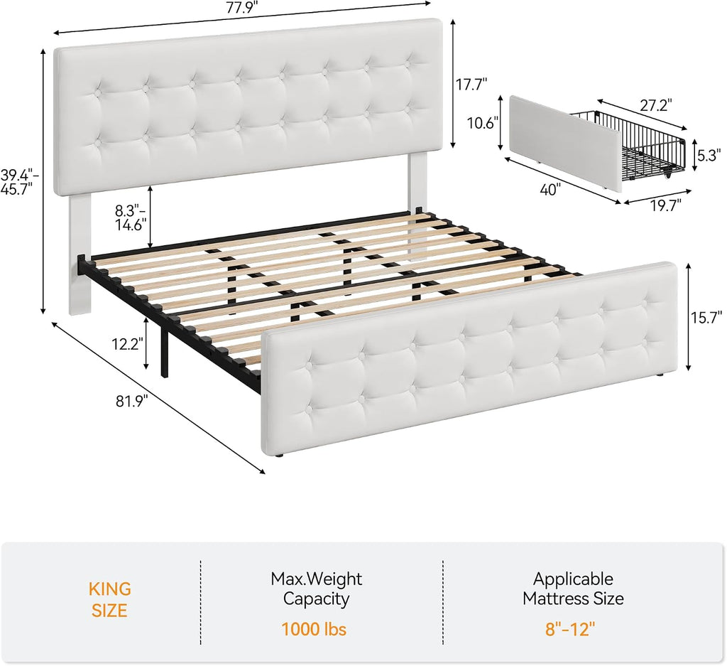 IDEALHOUSE King Size Bed Frame with 4 Storage Drawers and Headboard, Faux Leather Upholstered Platform Bed Frame with Wooden Slats Support, Button Tufted Design, No Box Spring Needed, White